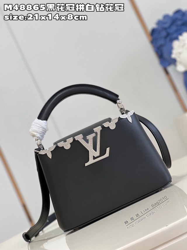 LV專櫃2023新款鱷魚紋手提肩背女包 M48865黑花冠拼白鑽花冠 路易威登Capucines迷你手袋 dn1176